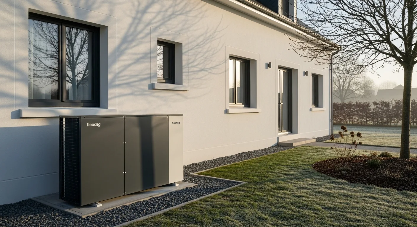 Pompe à chaleur air-eau installée devant une maison rénovée